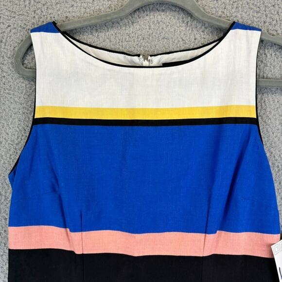 Liz Claiborne Linen Dress Sz 4 Old Money Career Natural Stripe Colorblock Sheath - Picture 3 of 12